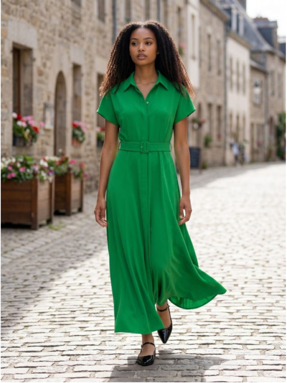 Mac Duggal Green Short Sleeve Belted Midi Dress L